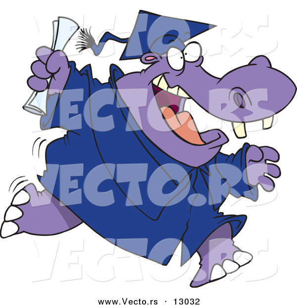 Vector of a Happy Cartoon Hippo Graduate Running