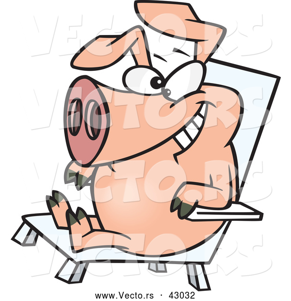 Vector of a Happy Cartoon Hog Relaxing in a Chair - Pig Day