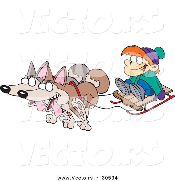 Vector of a Happy Cartoon Huskies Pulling Boy on a Snow Sled