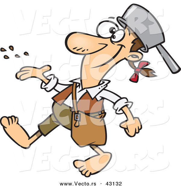 Vector of a Happy Cartoon Johnny Appleseed Character Spreading Garden Seeds Around