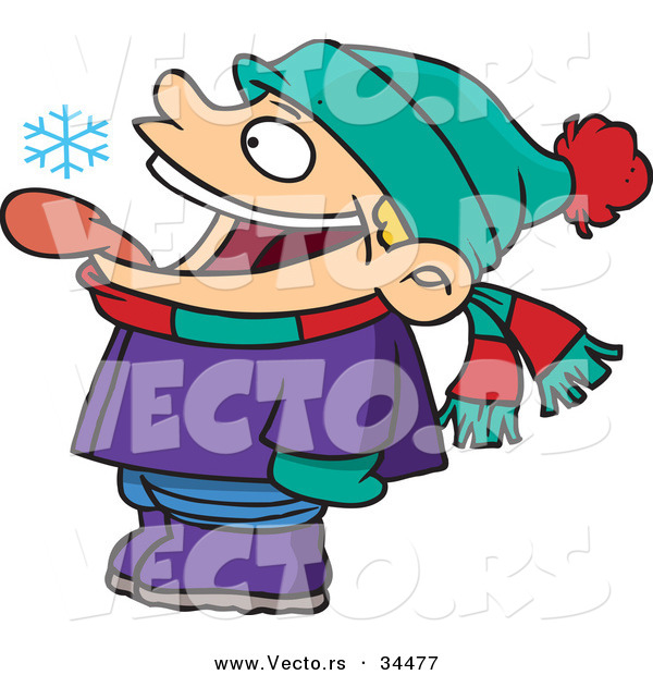 Vector of a Happy Cartoon Kid Catching Snowflakes with His Tongue