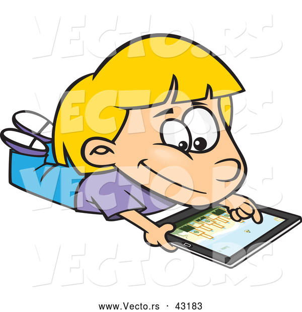 Vector of a Happy Cartoon Kid Using an IPad Computer Tablet