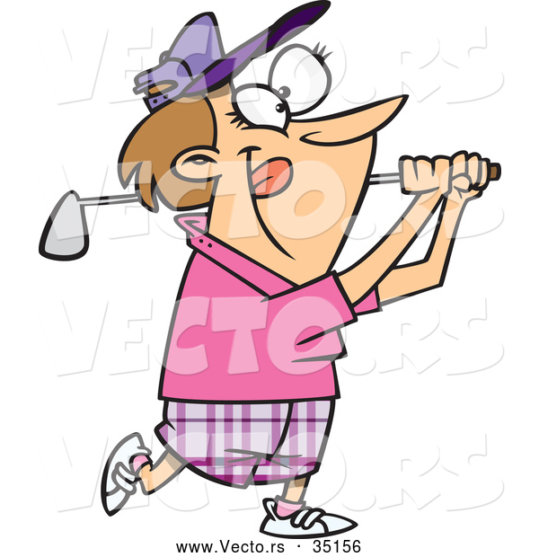 Vector of a Happy Cartoon Lady Swinging a Golf Club