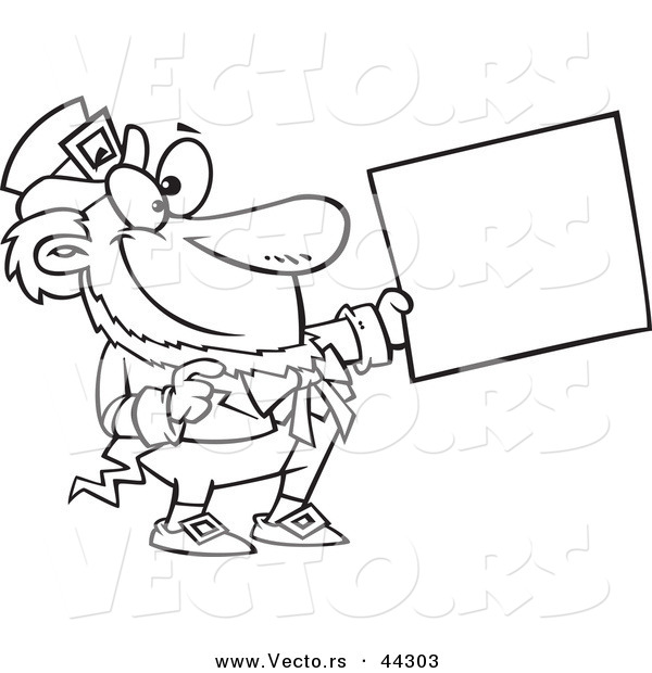 Vector of a Happy Cartoon Leprechaun Holding out a Sign - Coloring Page Outline