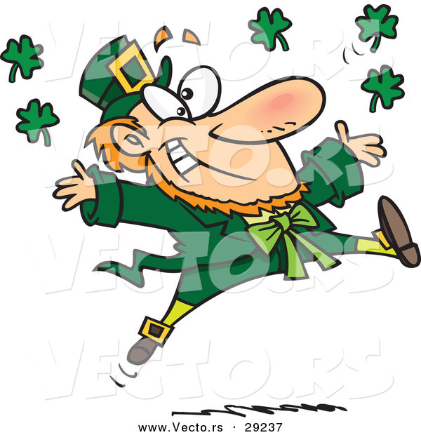 Vector of a Happy Cartoon Leprechaun Tossing Lucky Clovers Everywhere While Jumping for Joy
