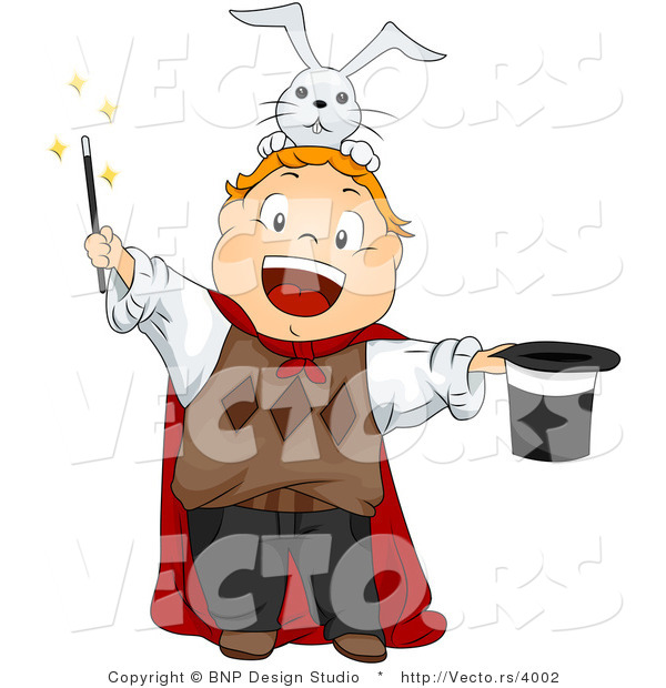 Vector of a Happy Cartoon Magician Boy with a Rabbit on His Head