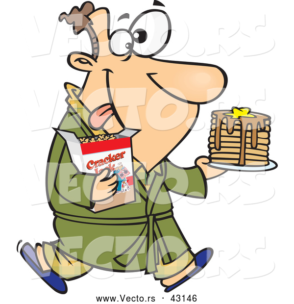 Vector of a Happy Cartoon Man Carrying a Stack of Pancakes and Cracker Jacks While Wearing a Robe