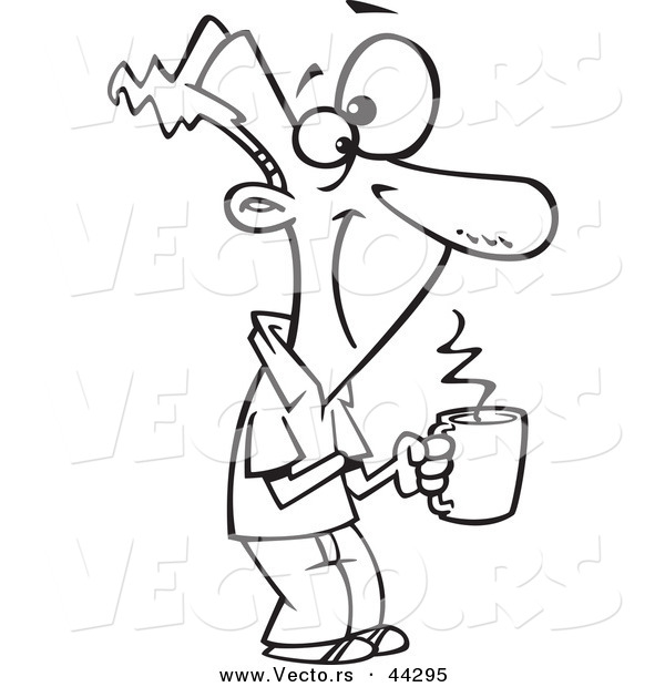 Vector of a Happy Cartoon Man Holding a Hot Cup of Coffee - Coloring Page Outline