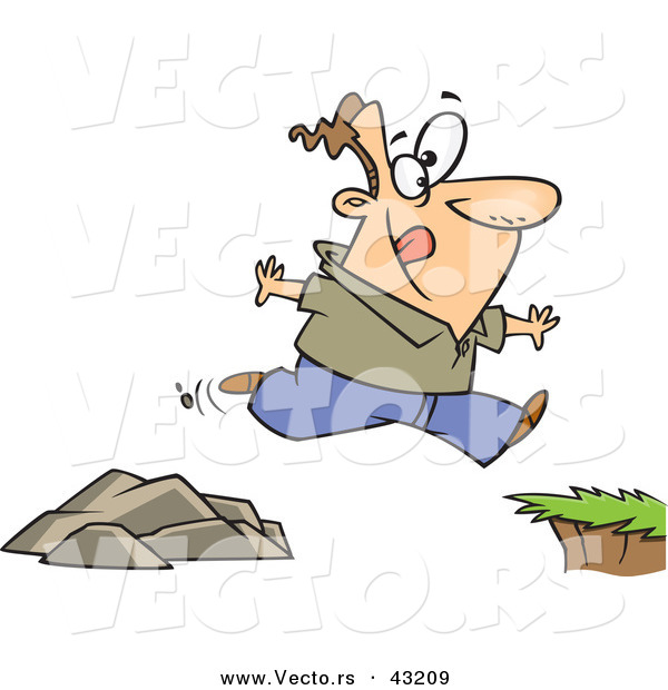 Vector of a Happy Cartoon Man Jumping to a Greener Side of a Cliff