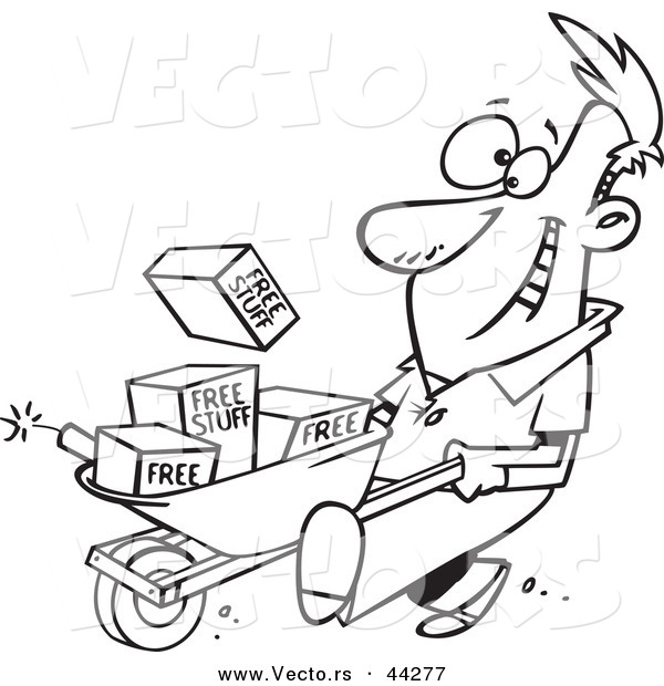 Vector of a Happy Cartoon Man Pushing Dynamite and Free Stuff in a Wheelbarrow - Coloring Page Outline