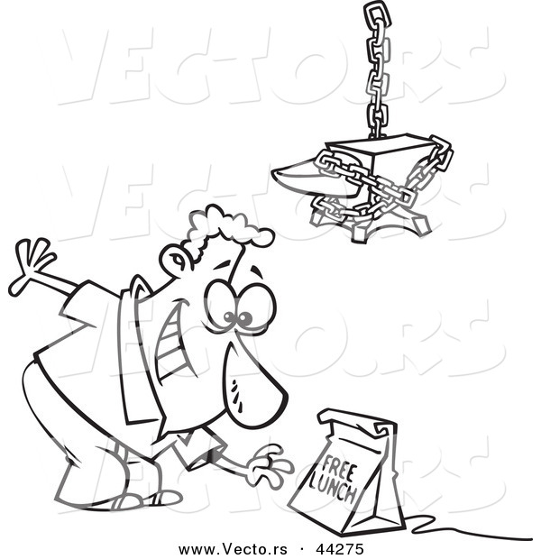 Vector of a Happy Cartoon Man Reaching for a Free Lunch Trap Under an Anvil - Coloring Page Outline