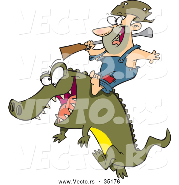 Vector of a Happy Cartoon Man Riding an Alligator