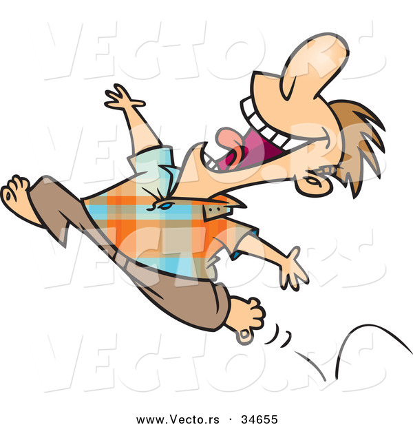 Vector of a Happy Cartoon Man Running Barefoot While Jumping into the Air