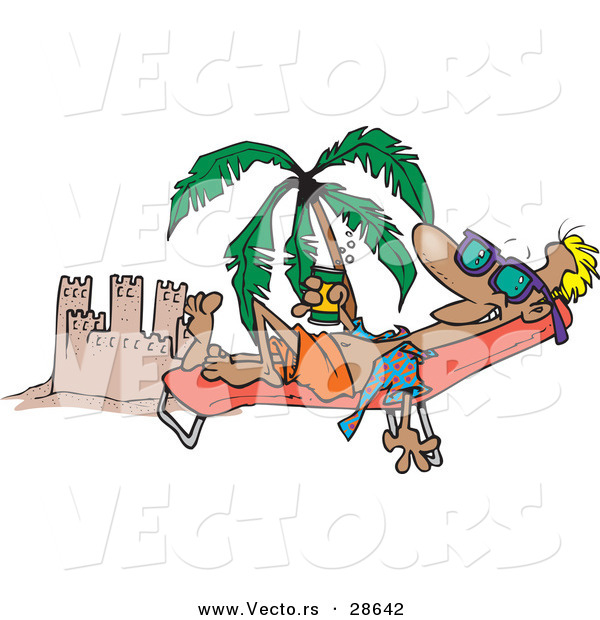 Vector of a Happy Cartoon Man Tanning Beside a Beach Sand Castle with Palm Tree