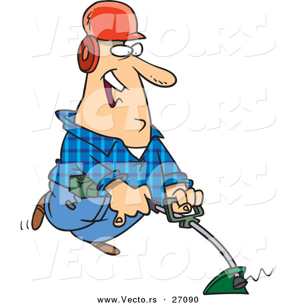 Vector of a Happy Cartoon Man Using a String Trimmer