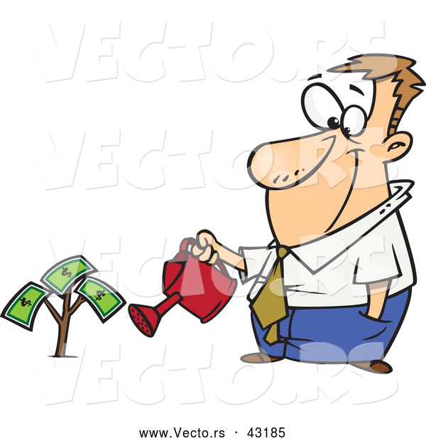 Vector of a Happy Cartoon Man Watering Small American Money Making Tree