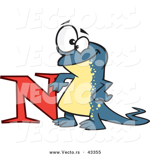 Vector of a Happy Cartoon Newt Leaning Against the Alphabet Letter N
