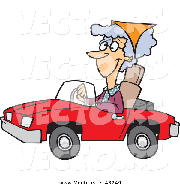 Vector of a Happy Cartoon Old Lady Driving a Red Convertible Car