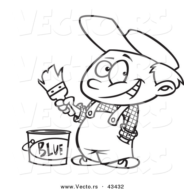 Vector of a Happy Cartoon Painter Boy with a Bucket of Blue Paint - Coloring Page Outline