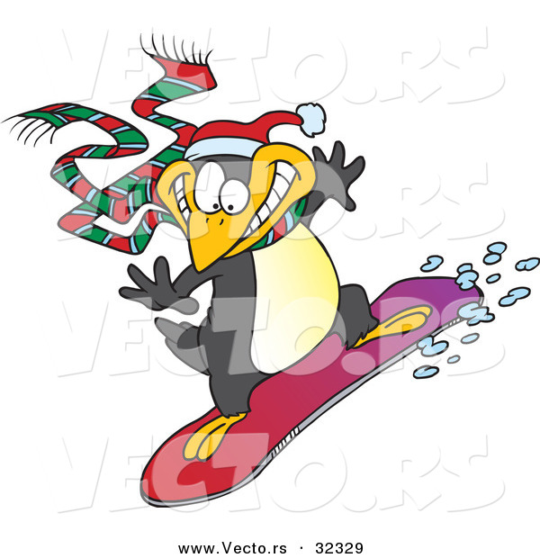 Vector of a Happy Cartoon Penguin Snowboarding
