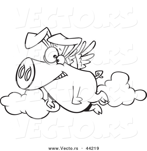 Vector of a Happy Cartoon Pig Flying - Coloring Page Outline