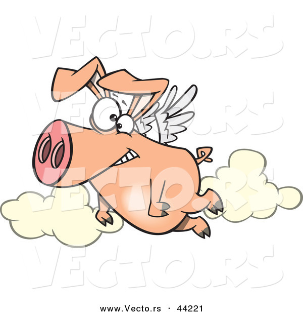 Vector of a Happy Cartoon Pig Flying near Clouds