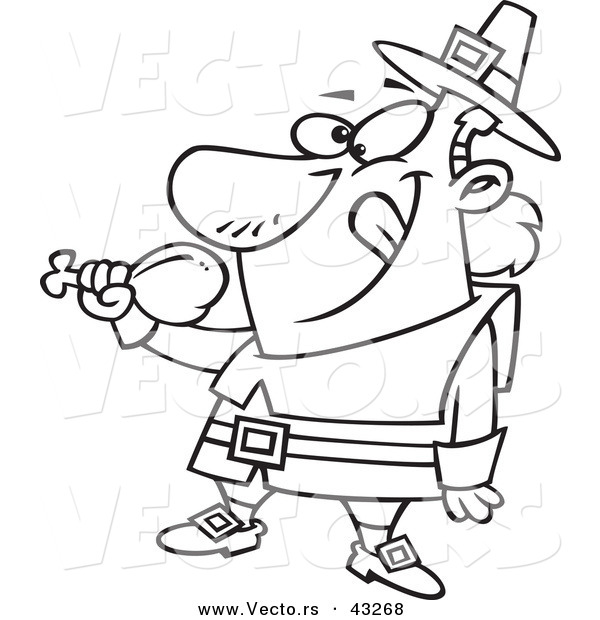 Vector of a Happy Cartoon Pilgrim Eating a Turkey Drumstick - Coloring Page Outline