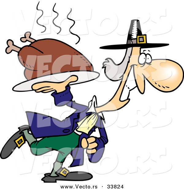 Vector of a Happy Cartoon Pilgrim Man Carrying a Hot Turkey