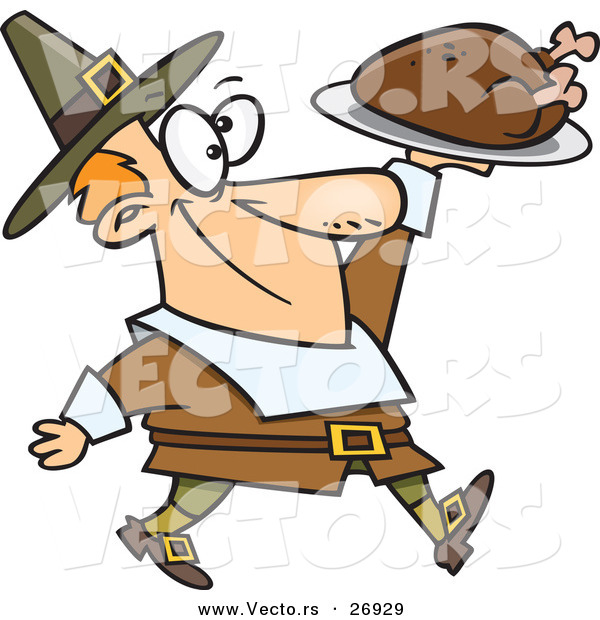 Vector of a Happy Cartoon Pilgrim Man Carrying a Roasted Turkey on a Platter