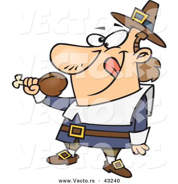 Vector of a Happy Cartoon Pilgrim Preparing to Eat a Turkey Drumstick