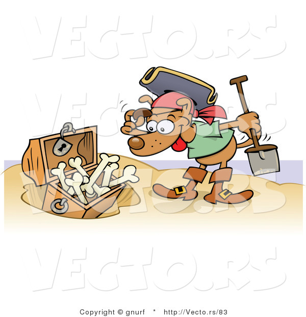 Vector of a Happy Cartoon Pirate Dog Looking at Treasure Chest Full of Doggy Bones on a Beach