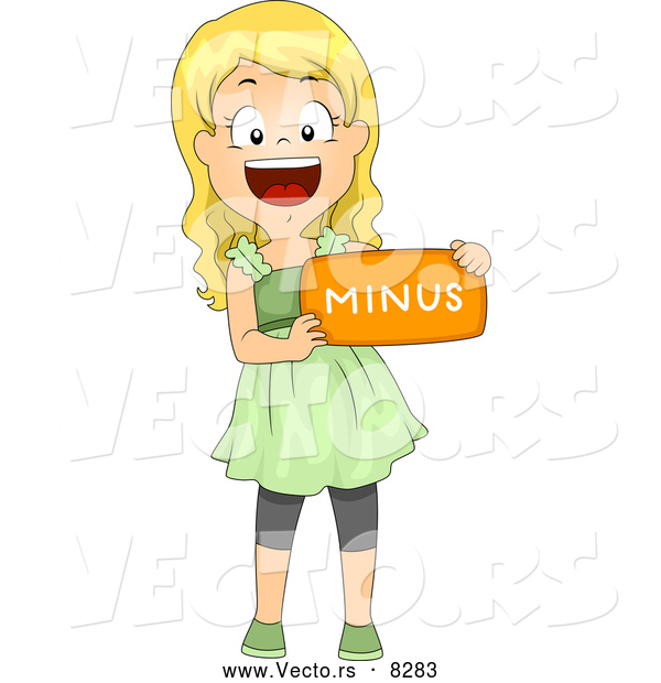 Vector of a Happy Cartoon School Girl Holding a 'Minus' Math Symbol
