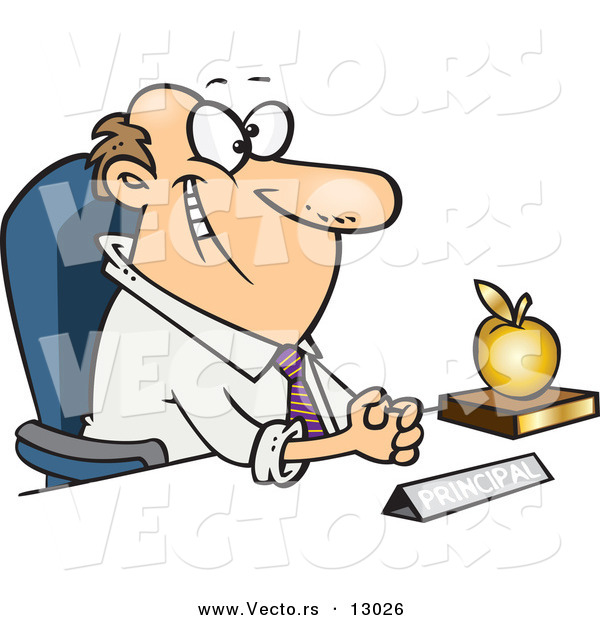 Vector of a Happy Cartoon School Principal Sitting at His Desk with a Golden Apple