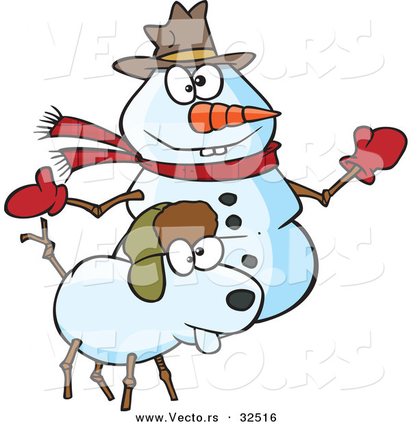 Vector of a Happy Cartoon Snow Dog and Snowman