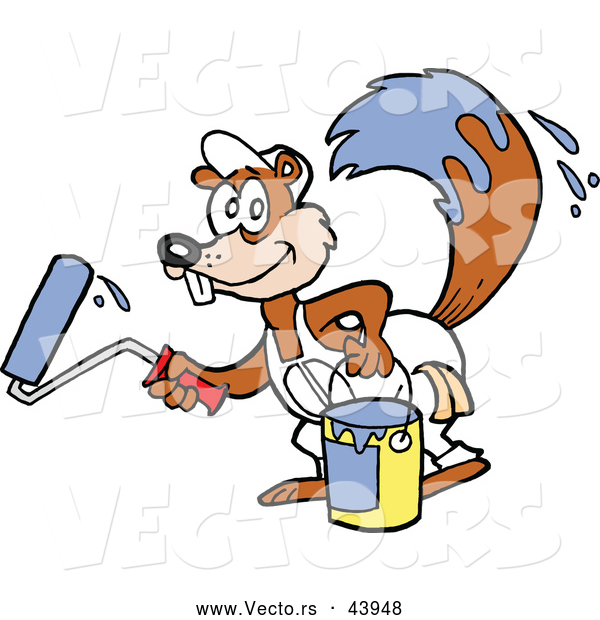 Vector of a Happy Cartoon Squirrel with a Bucket of Paint and a Roller