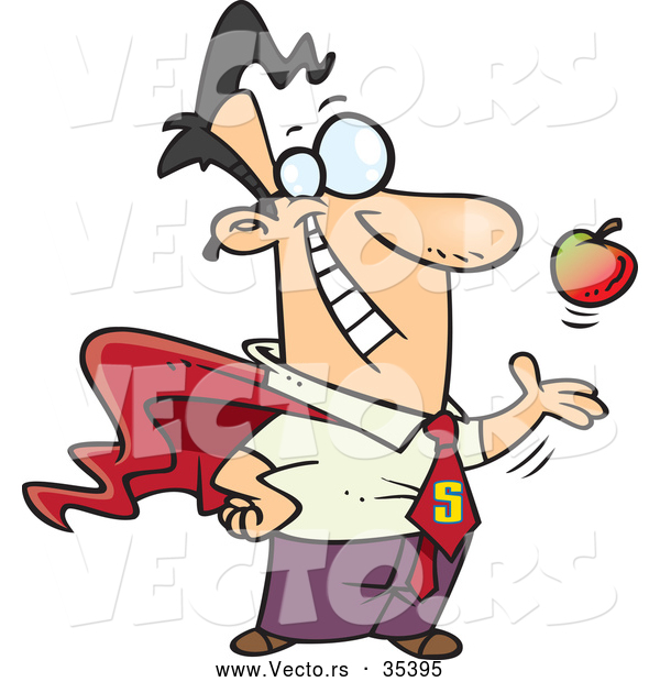 Vector of a Happy Cartoon Super Man Tossing an Apple up While Smiling
