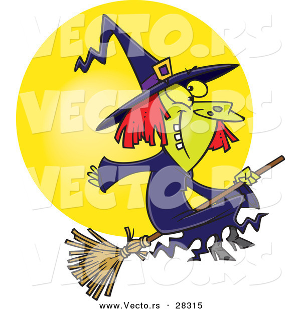 Vector of a Happy Cartoon Witch on Her Broomstick Flying in Front of the Moon During Halloween