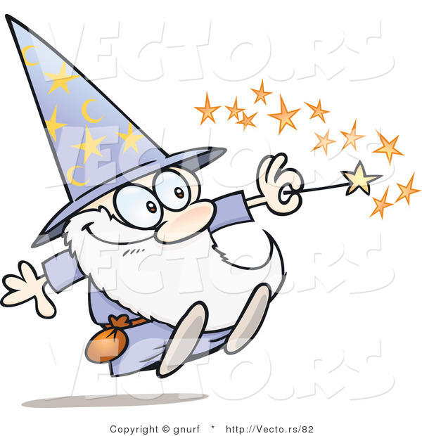 Vector of a Happy Cartoon Wizard Casting a Spell with His Magic Wand
