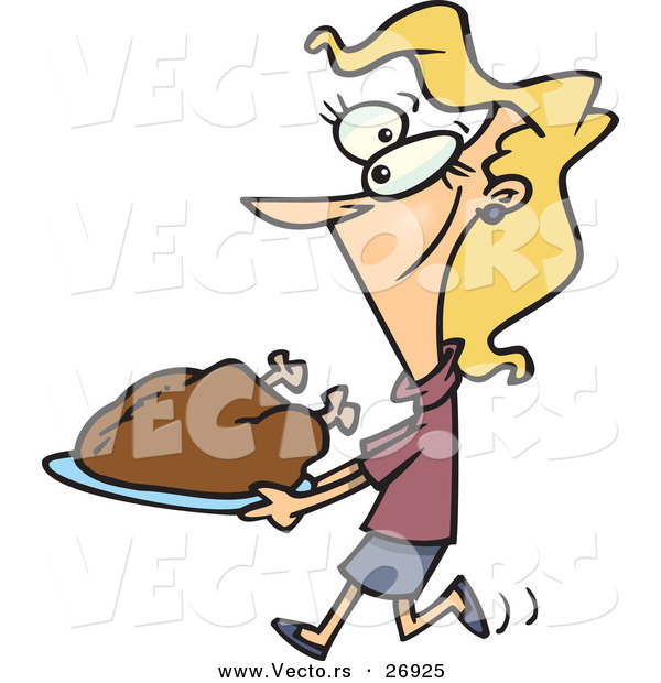 Vector of a Happy Cartoon Woman Carrying a Roasted Turkey on a Platter