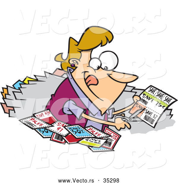 Vector of a Happy Cartoon Woman Clipping Coupons