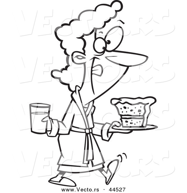 Vector of a Happy Cartoon Woman in a Robe, Licking Her Lips and Carrying Milk and Cake - Coloring Page Outline