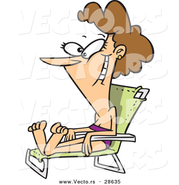 Vector of a Happy Cartoon Woman Laying on a Beach Chair While Sun Bathing