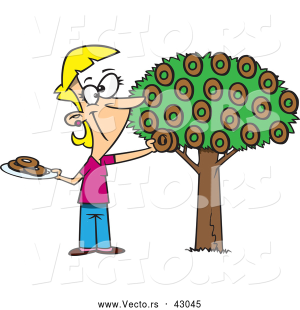 Vector of a Happy Cartoon Woman Picking Donuts from a Donut Tree