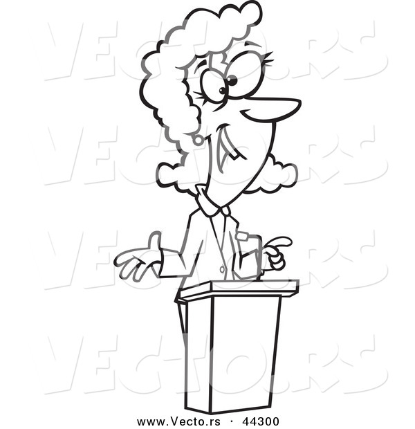 Vector of a Happy Cartoon Woman Speaking at a Podium - Coloring Page Outline