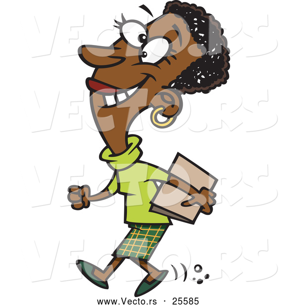 Vector of a Happy Cross Eyed Cartoon Black Businesswoman Walking with a Folder