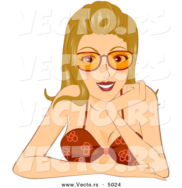 Vector of a Happy Dirty Blond Girl Wearing a Bikini and Glasses While Resting Her Face on Her Hand at a Table