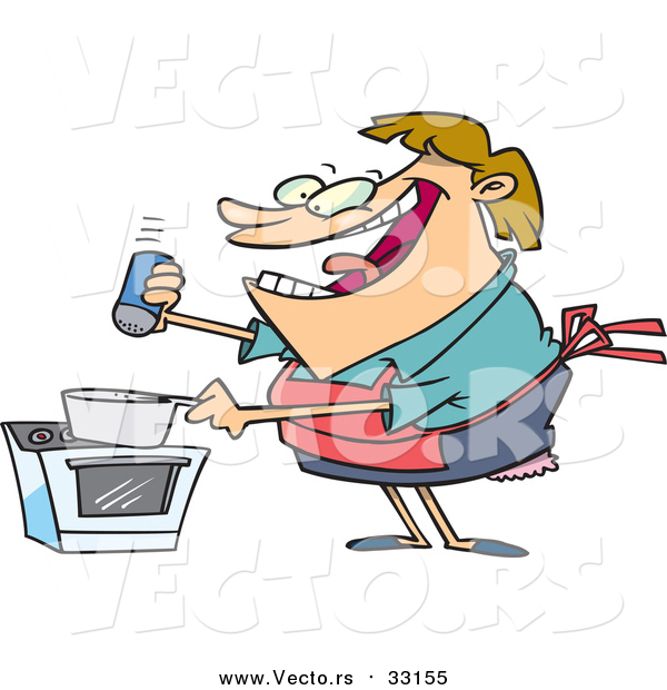 Vector of a Happy Fat Woman Salting Food in a Pan While Cooking - Cartoon Style