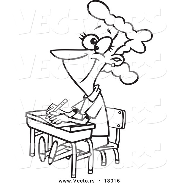 Vector of a Happy Female Cartoon Student Sitting at Her Desk - Coloring Page Outline Version