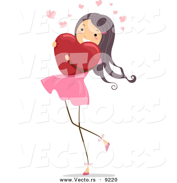 Vector of a Happy Girl Hugging a Red Love Heart