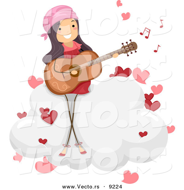 Vector of a Happy Girl Singing a Love Song While Playing a Guitar on a Cloud with Hearts
